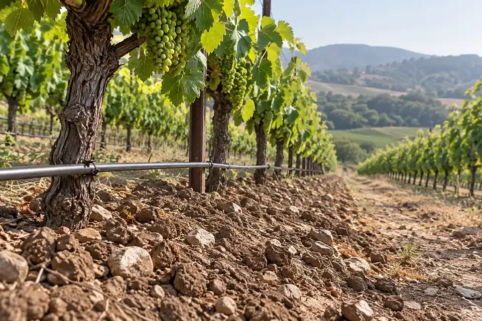 Vineyard rows & drip irrigation: illustrative soil-monitoring application environment