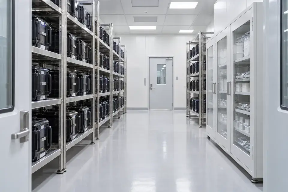 Semiconductor material storage room with sealed wafer transport carriers, enclosed storage and a clear floor aisle