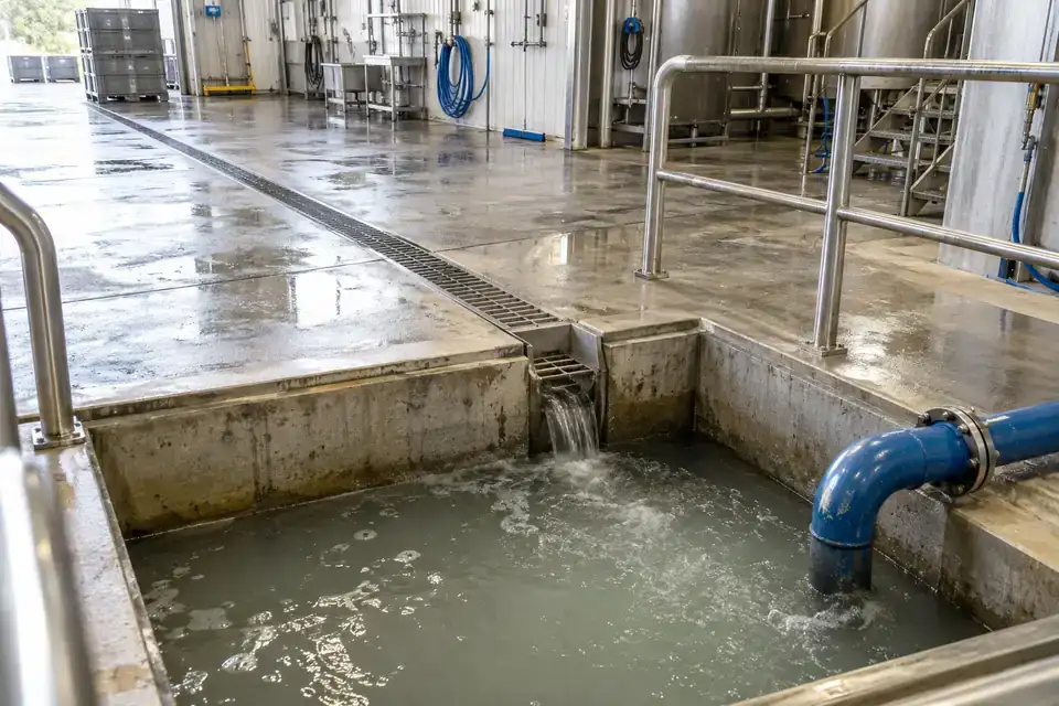 Factory cleaning area with floor drainage leading to a recessed washdown collection chamber