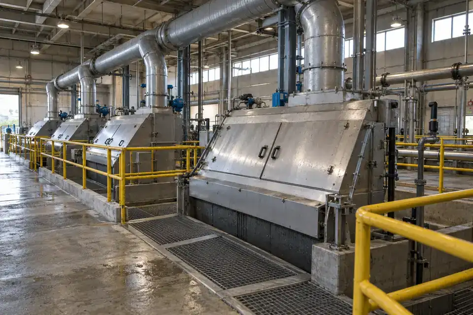 Wastewater headworks with screening equipment, covers, ventilation ducts and industrial service walkways