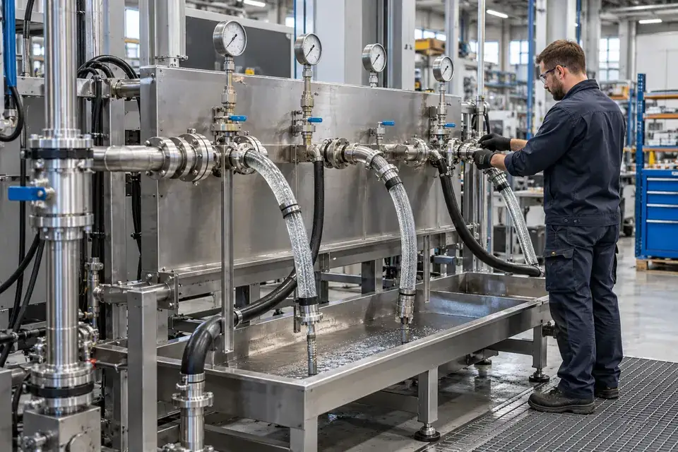 Industrial water-circuit test manifold with flexible connections and a shallow collection tray