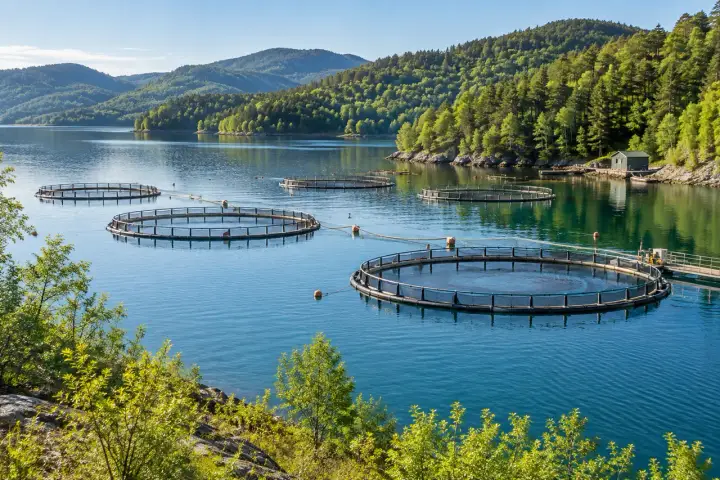 Reservoir water and aquaculture operations with floating fish-farming pens