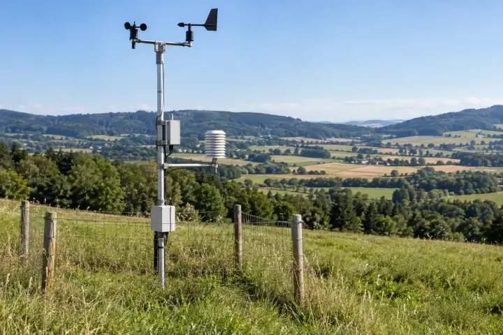 Outdoor weather observation mast and instruments in a natural landscape