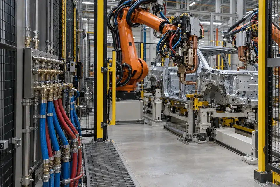 An external cooling-water manifold beside a guarded industrial welding cell