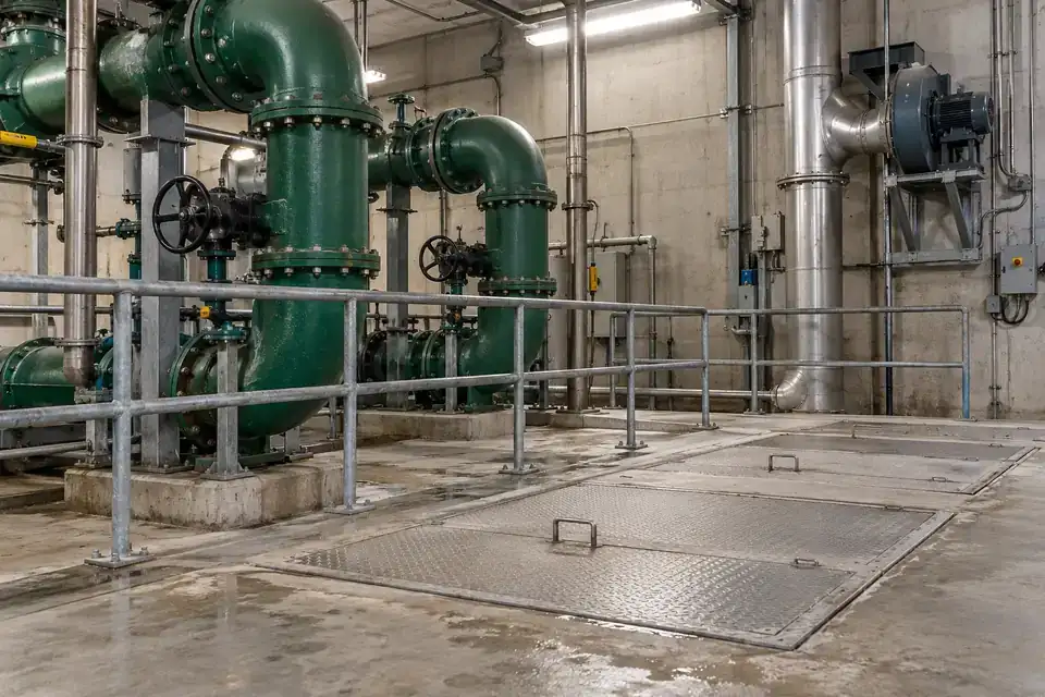 Wastewater wet-well service area with access covers, gas ventilation pipework and a maintained pump-station interior