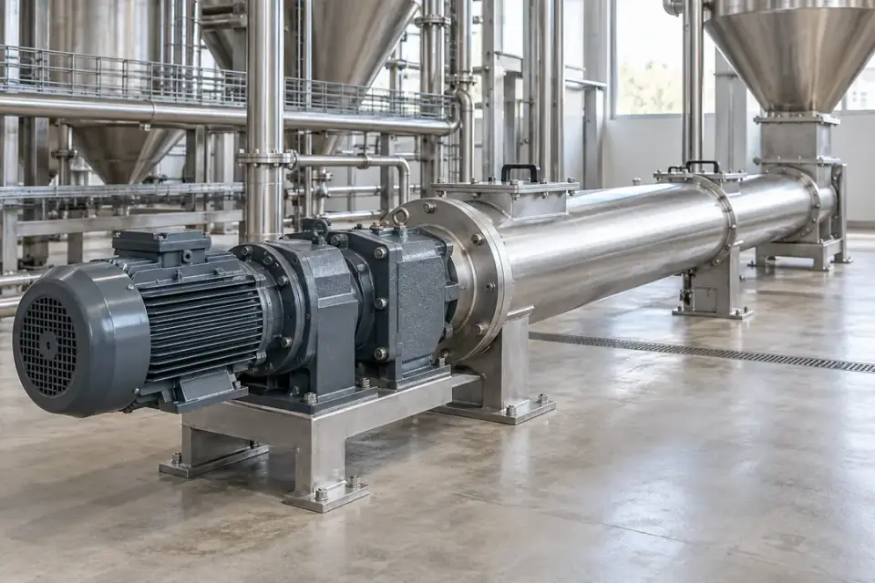 Industrial screw conveyor with a fixed external geared motor