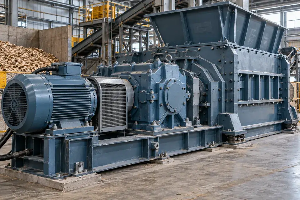 Industrial shredder with fixed external gearbox and electric motor drives