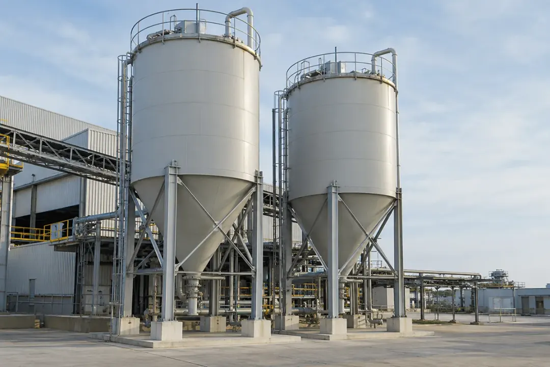 Industrial silo or tank supported by visible external legs and structural framing.