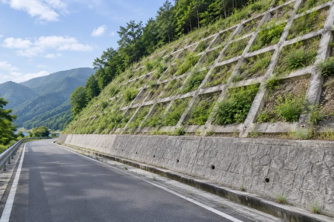 Application illustration: An engineered cut slope with stabilization lattice, vegetation and a drainage channel.