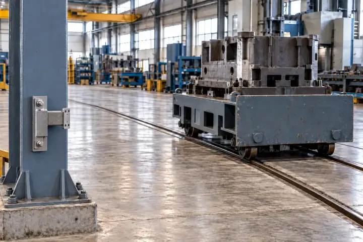 Slow equipment-position references installation background: A broad carriage end surface facing a fixed independent support along the clear travel path.