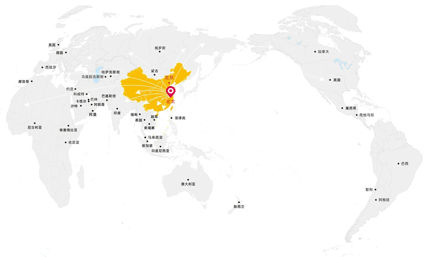 World map highlighting Hitelecom's home market in China