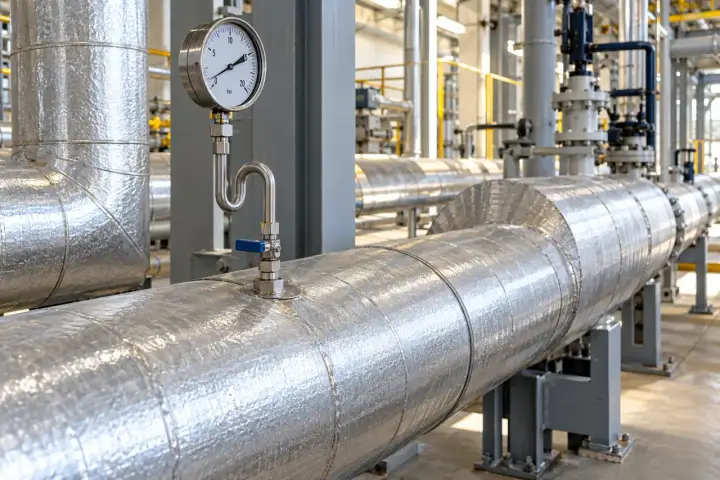 Insulated steam pipeline with a small isolation valve, continuous siphon tube and mechanical pressure gauge.