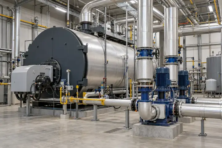 Industrial boiler and steam or hot-water utility pipes