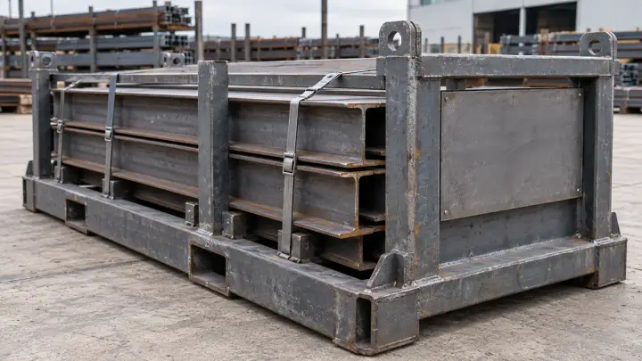 Banded steel sections on a reusable transport cradle with a protected outside panel.