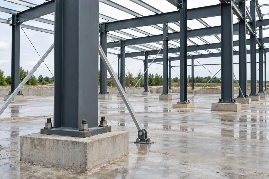 Erected steel columns with base plates and temporary bracing.
