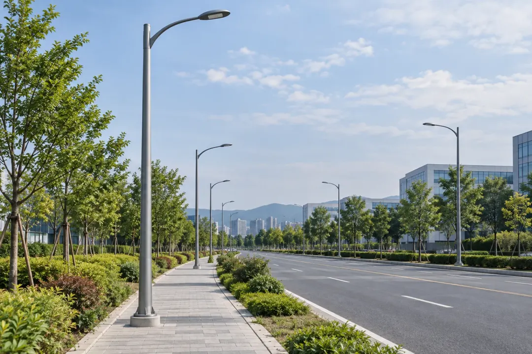 Application illustration: Street-light poles and their bases beside a landscaped urban road.