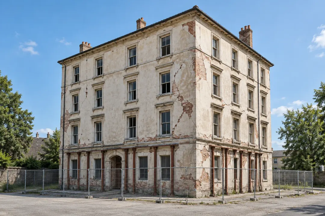 Application illustration: Ageing masonry building with visible facade cracks, temporary supports and a perimeter barrier, representing a building under structural assessment.