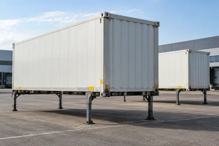 Demountable freight transport body standing on support legs