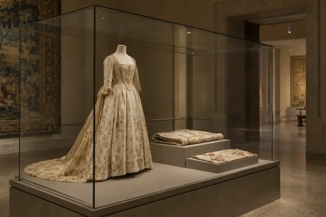 Historic dress and embroidered textiles displayed in a softly lit glass cabinet.
