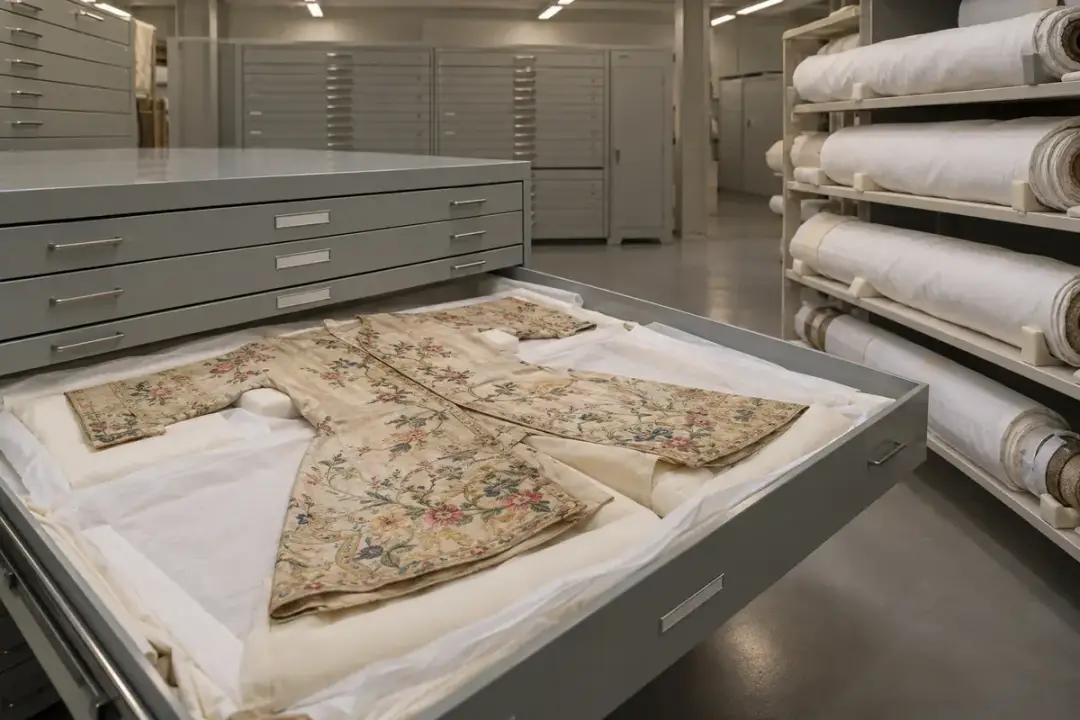 Historic embroidered textile laid flat in a museum storage drawer beside padded textile rolls