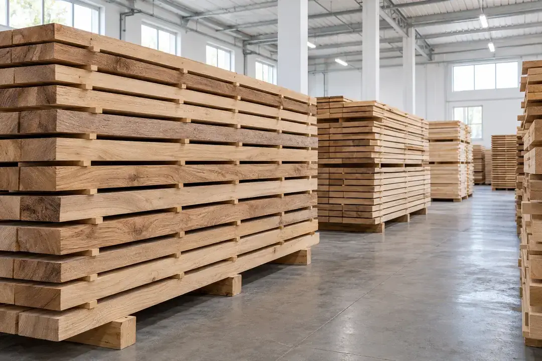 Sticker-stacked timber boards with airflow spacers in a clean indoor joinery materials warehouse