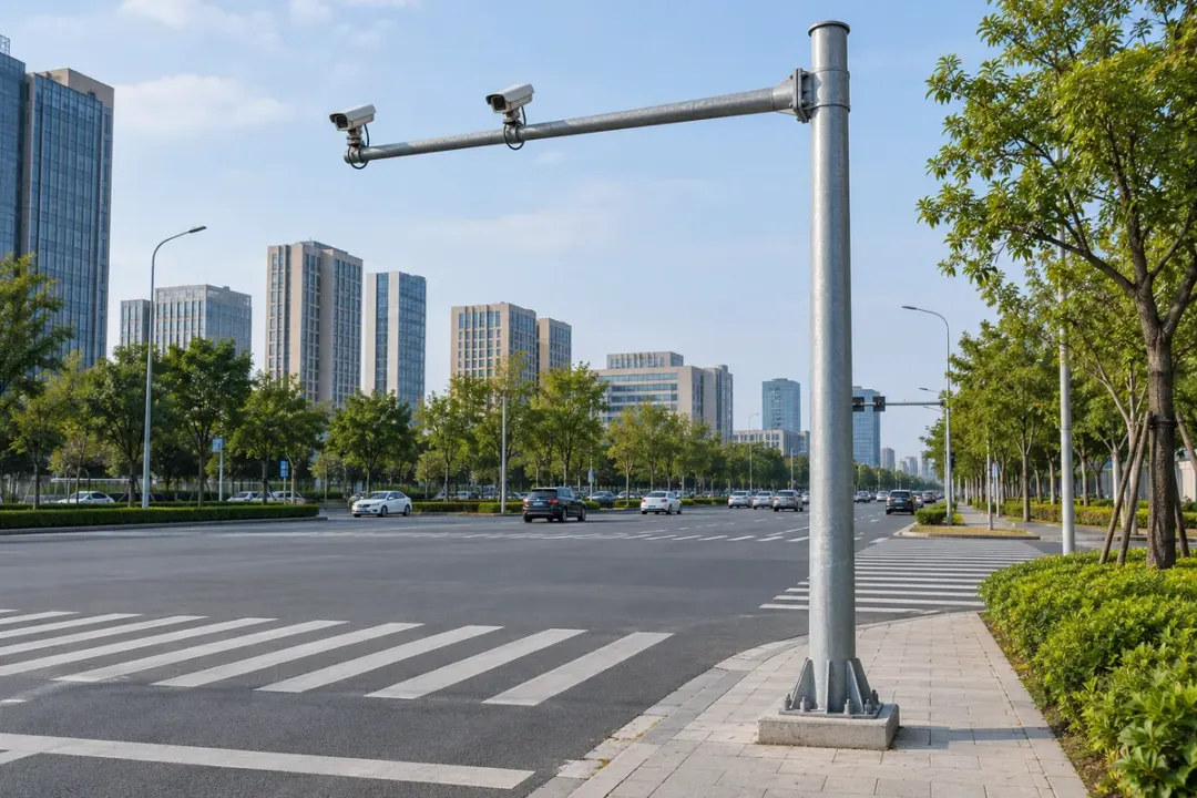 Roadside camera pole with a crossarm and visible base.