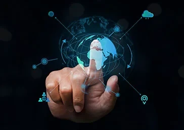 Finger touching a digital globe linking IoT cloud services