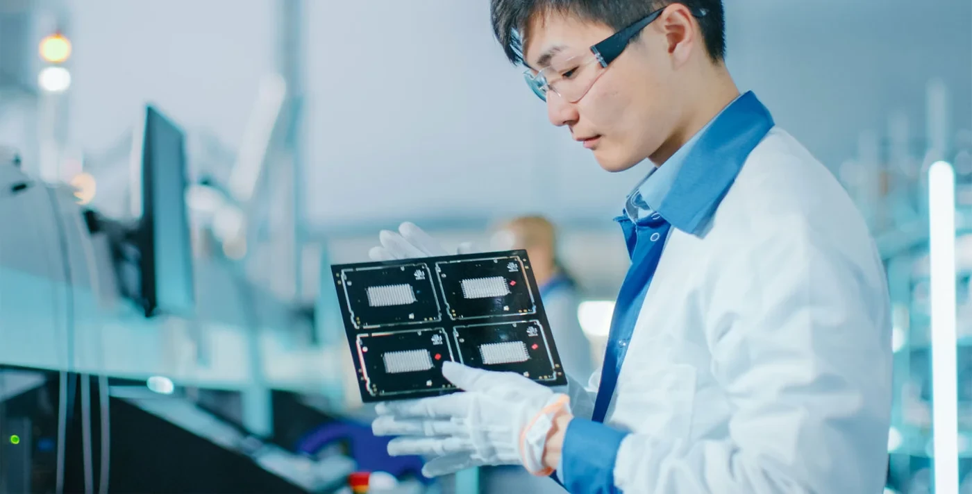 Engineer inspecting PCB panels in the laboratory