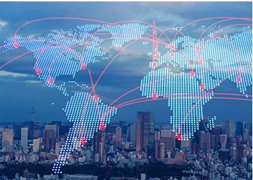 World map with connection arcs over a city — global business expansion