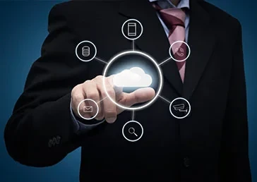 Businessman touching a cloud icon connecting smart devices