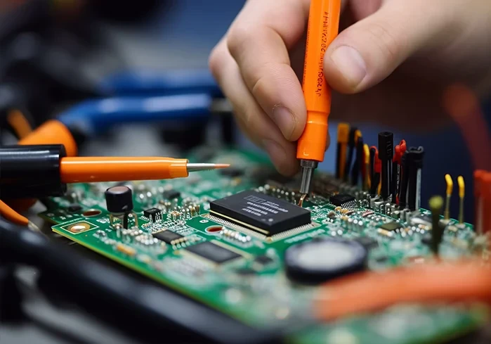 Technician soldering components on a PCB