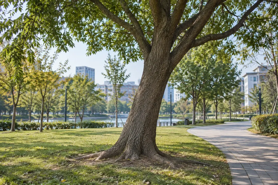 Application illustration: A mature urban tree with a visible trunk and root flare beside a paved park path.
