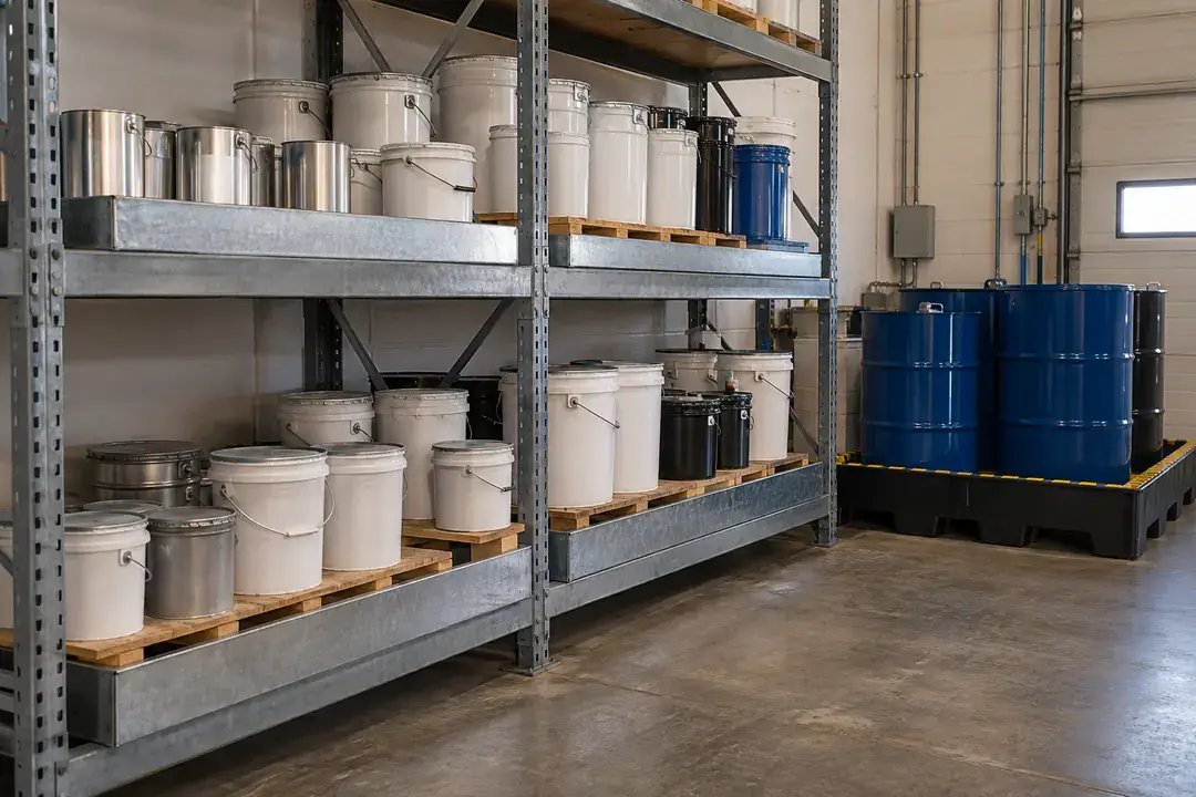 Closed resin and adhesive containers on spill-contained industrial racks.
