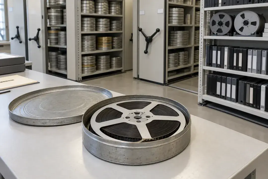 Film reels and audiovisual media in practical archive storage.