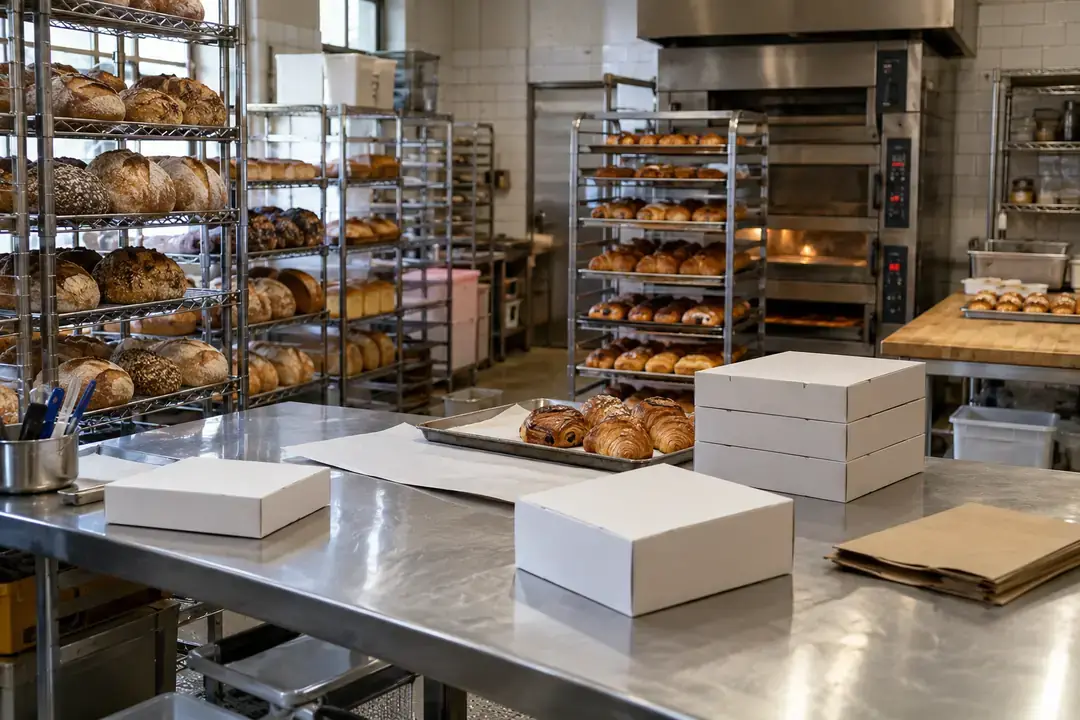 Commercial bakery packing area with bread racks and sealed product boxes.