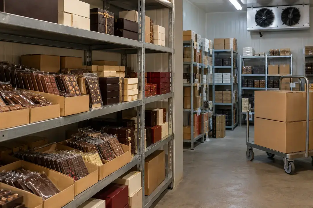 Packaged chocolate stock in a cool confectionery storage room.