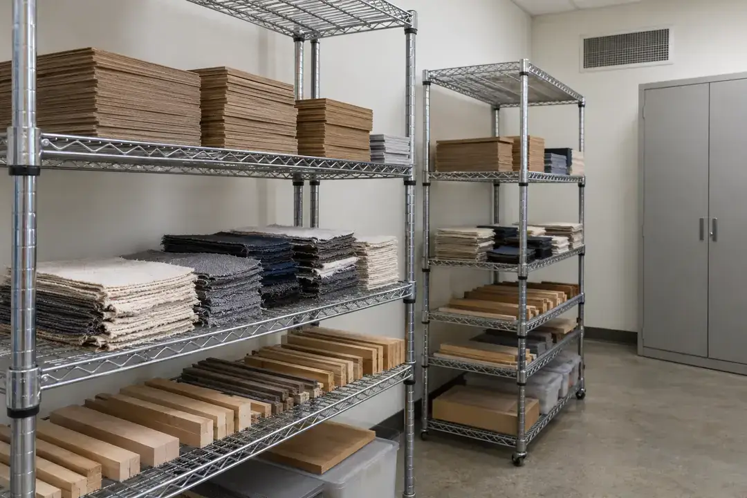 Material specimens on open mesh shelves in a laboratory conditioning room.