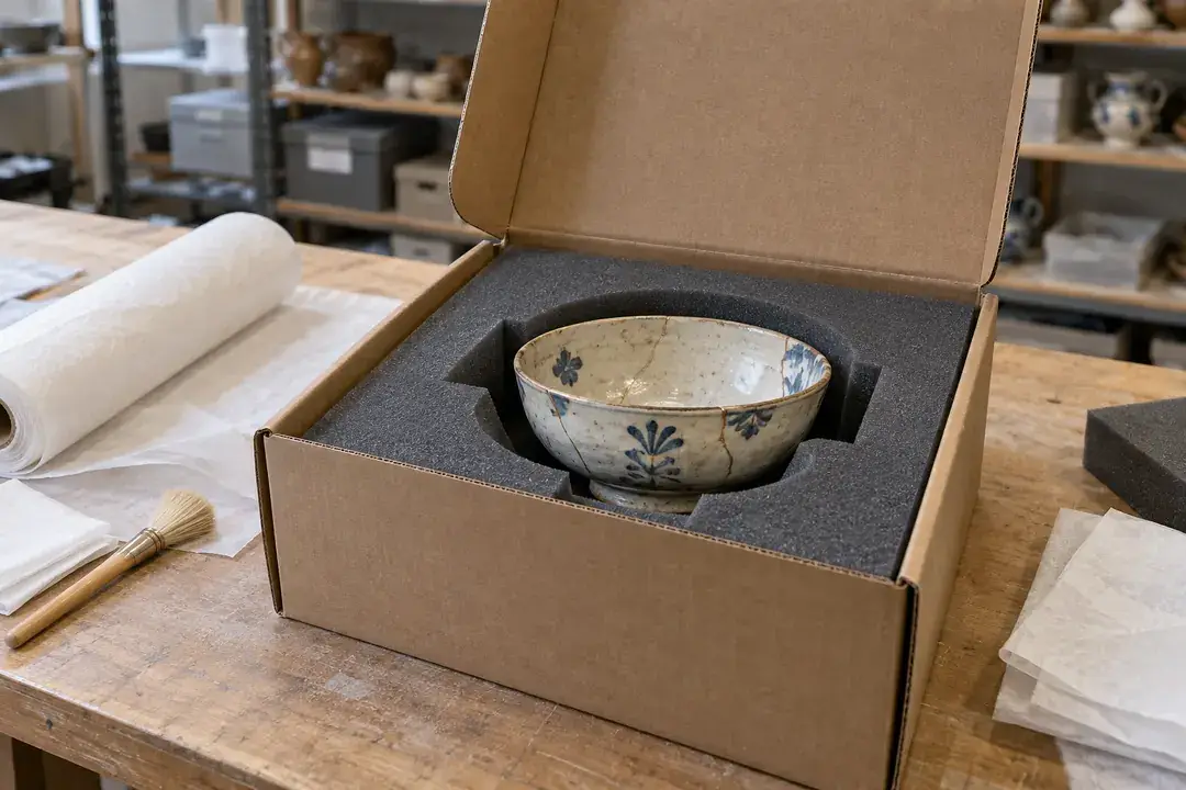 Repaired ceramic bowl supported in a fitted foam shipping box in a conservation studio.