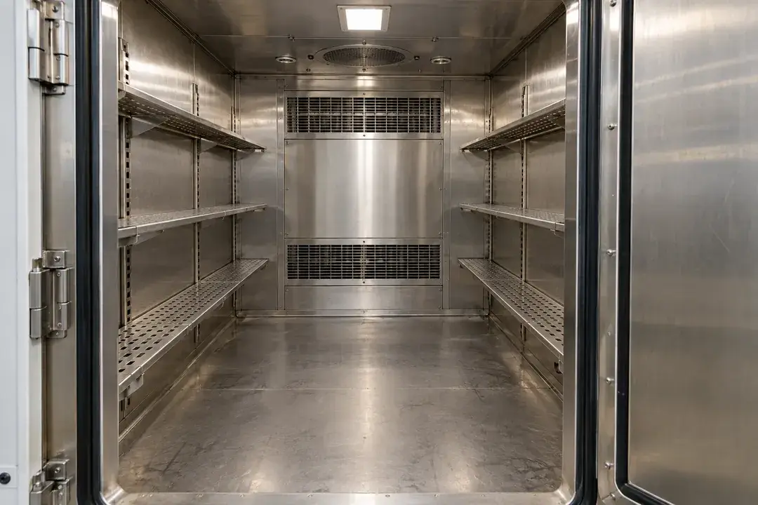 Open walk-in environmental test chamber with empty perforated shelving.