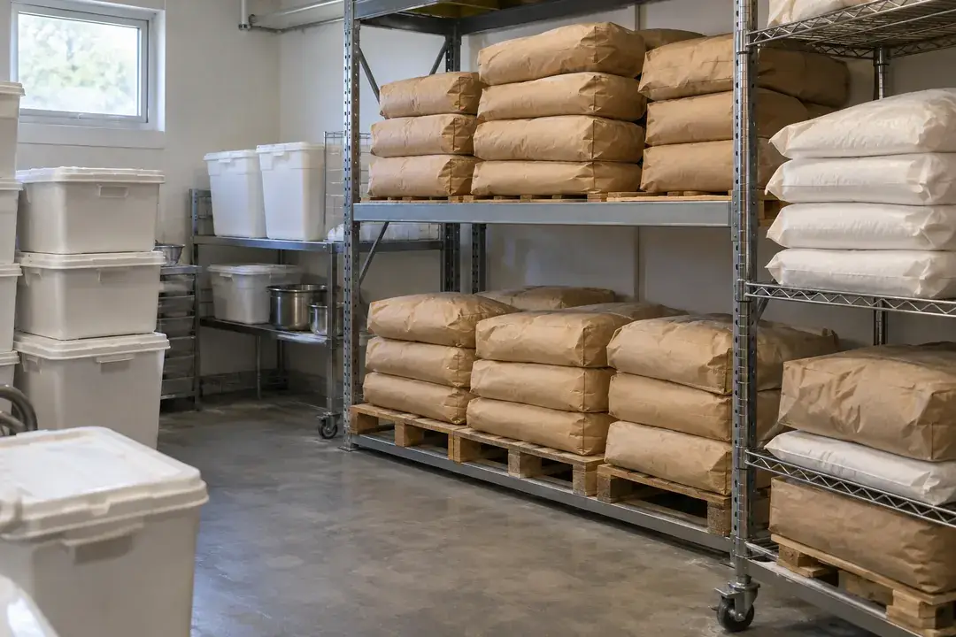 Sealed dry food ingredient sacks and food-grade bins in an indoor storeroom.