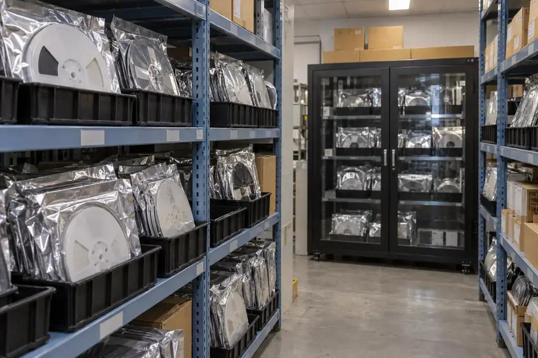 Electronic component reels sealed in moisture barrier bags beside a glass-front dry cabinet
