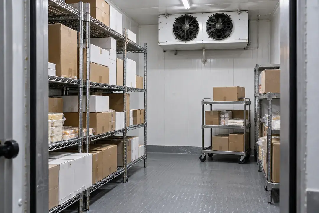 Commercial food chillroom with carton shelving and a ceiling evaporator.