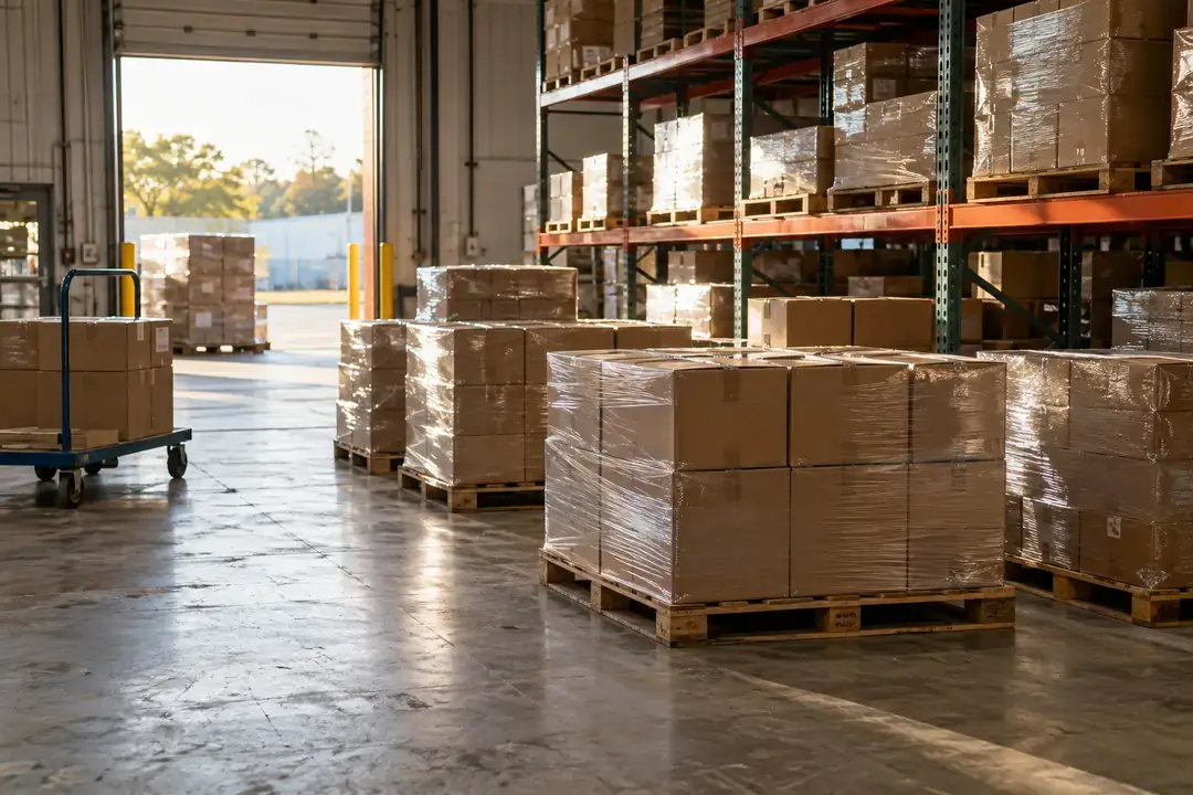 Palletized sealed packaged-food cartons in a finished-goods warehouse.