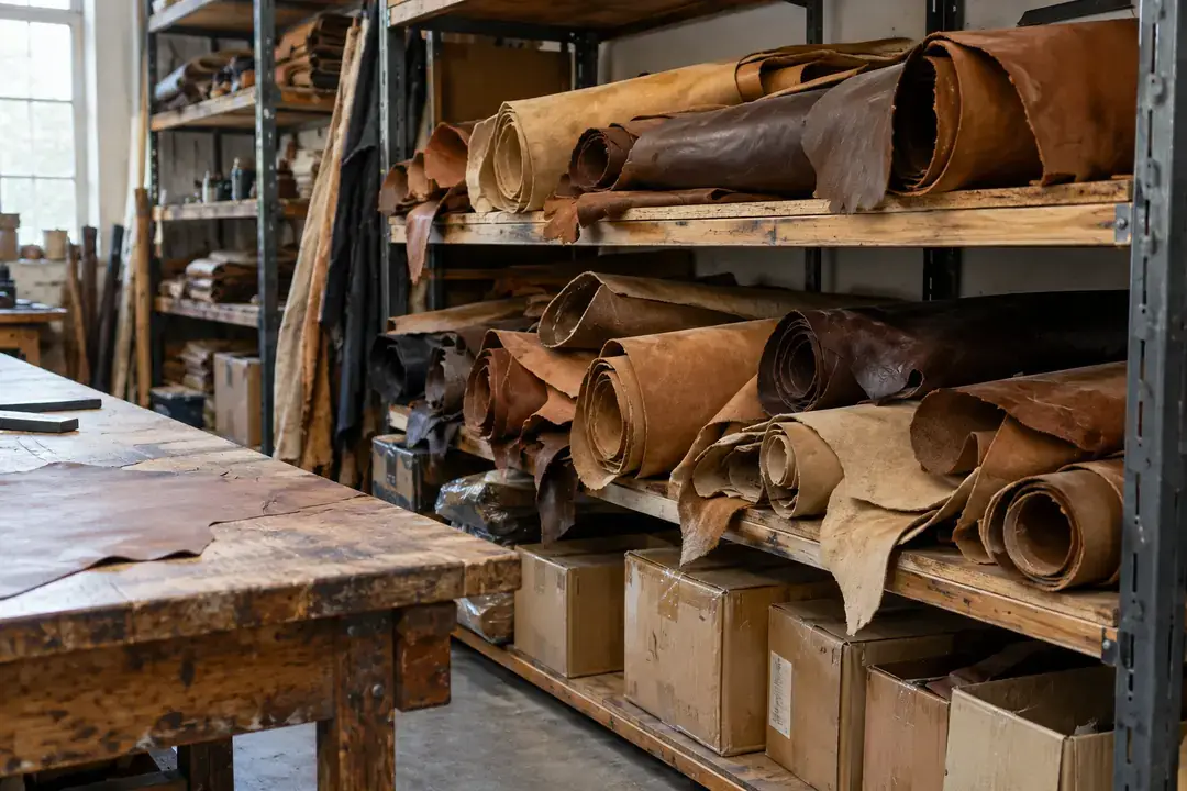 Leather rolls and boxed materials in a leather goods workshop storeroom.