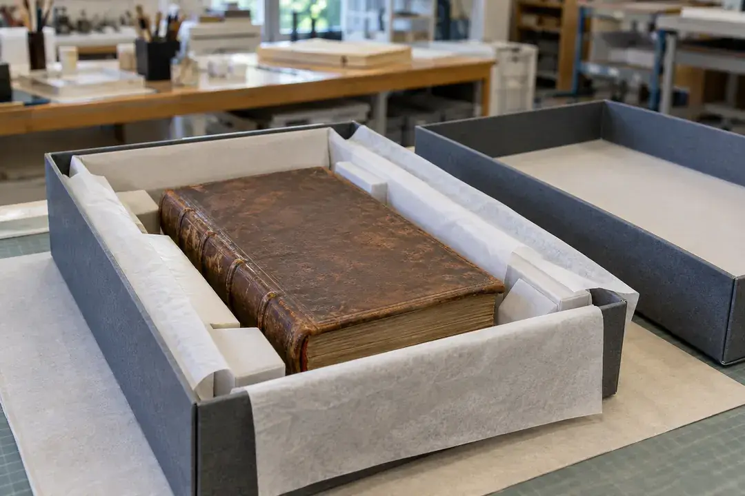 A closed rare manuscript supported inside a padded archival shipping box.