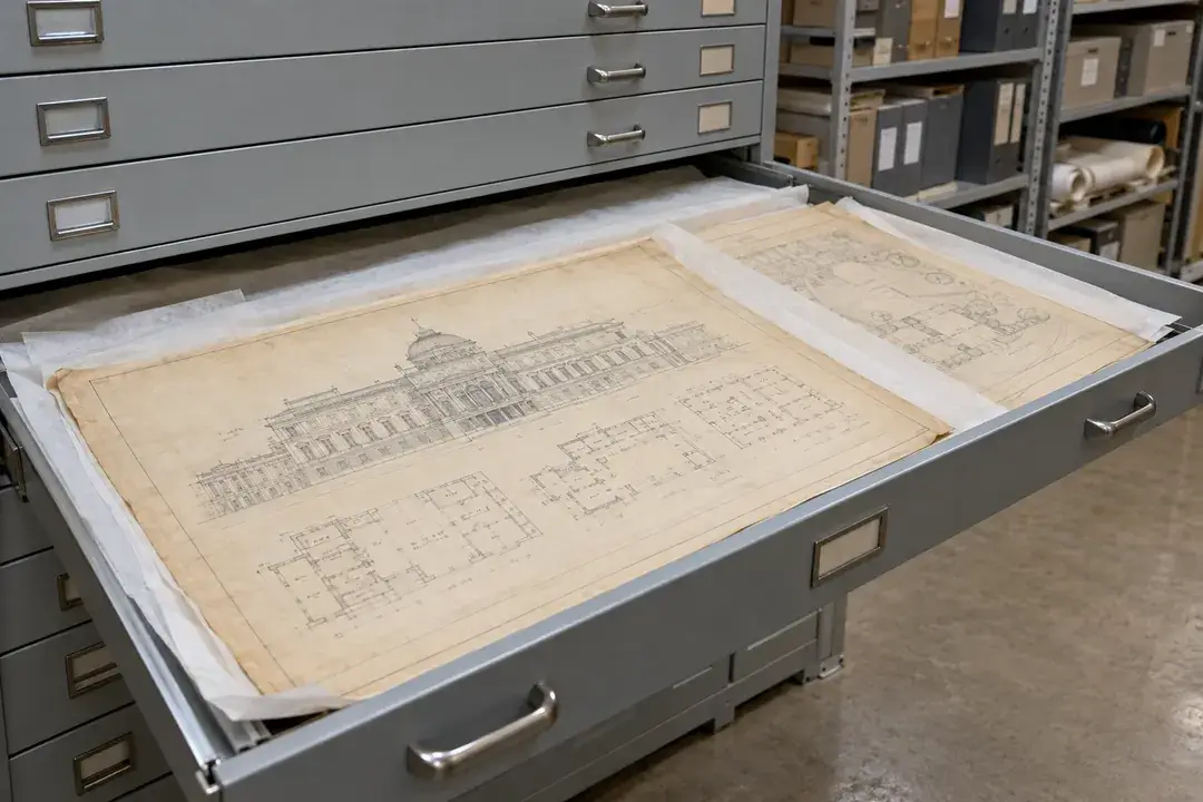 Architectural plans lying flat in a shallow archive drawer.