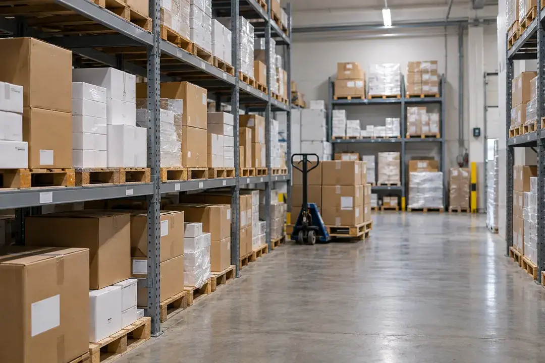 Sealed medical-device shipping cartons on dry warehouse pallet shelving.