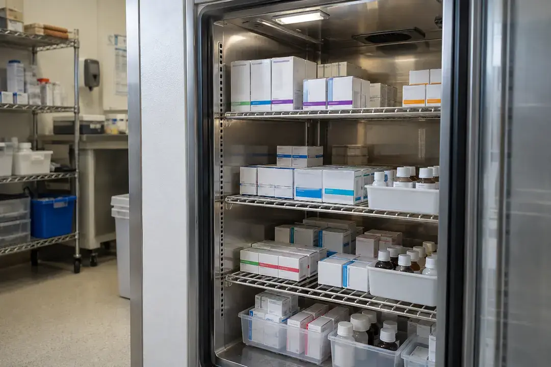 Open medical refrigerator with boxed medicines and capped bottles on wire shelves.