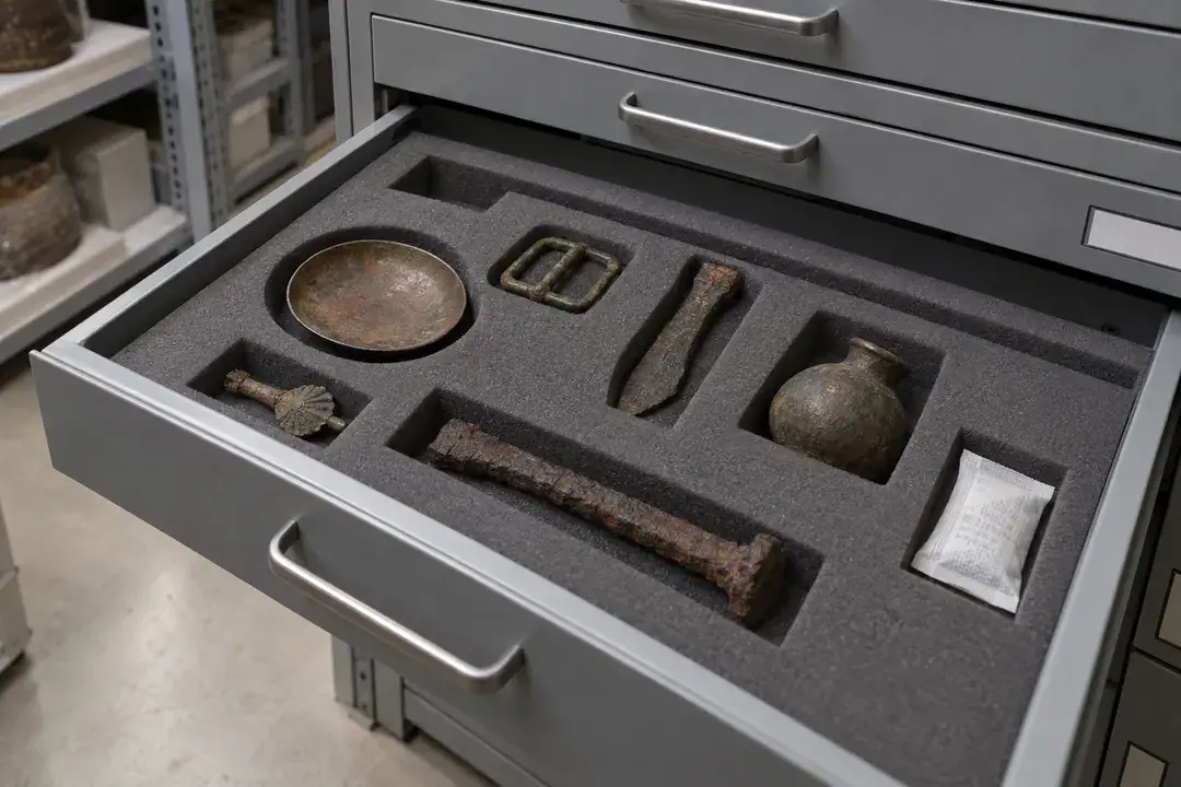 Archaeological metal objects individually supported in a museum storage drawer.