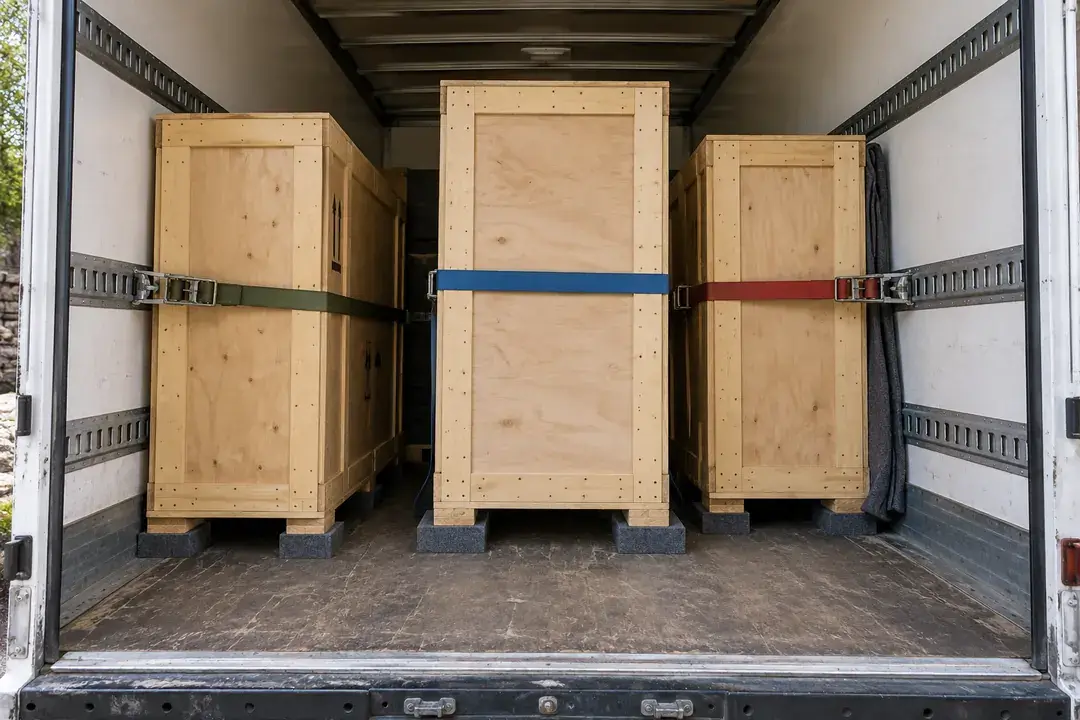 Fine-art shipping crates restrained in the cargo compartment of an art transport truck.